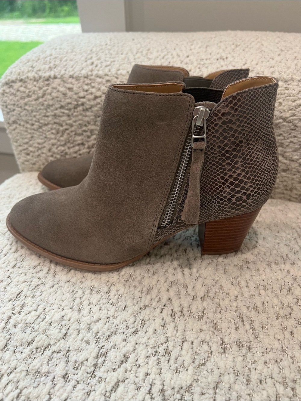 Vionic Taupe Suede Ankle Boot with Snake-Print Heel